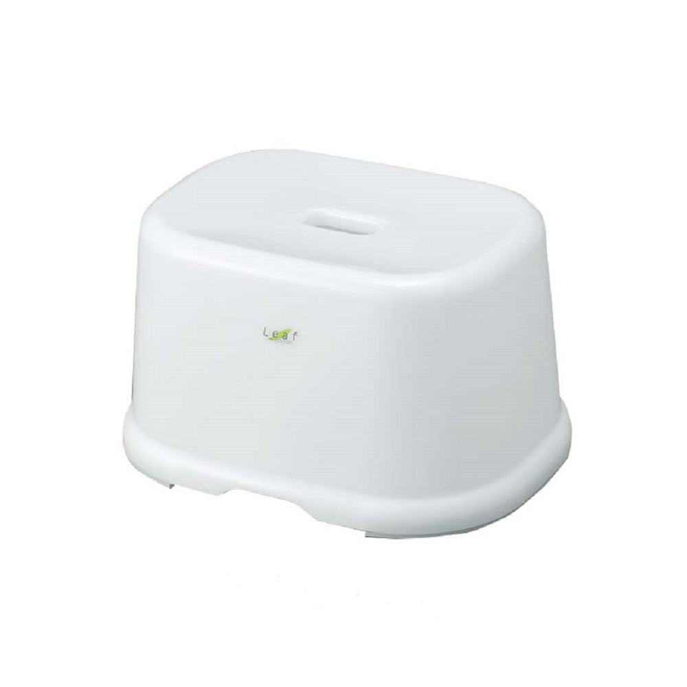 White plastic stool with a brand logo on a white background