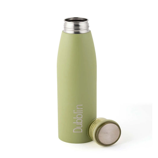 Green insulated bottle with silver cap on a white background