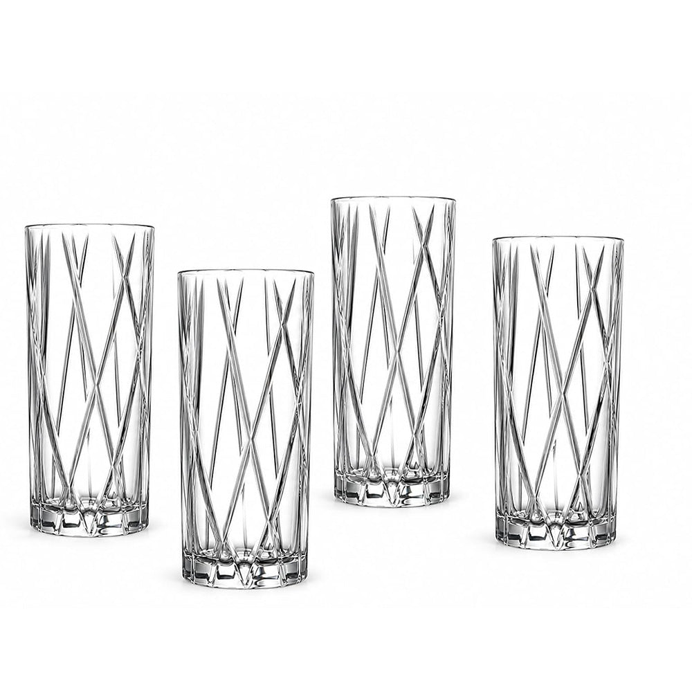 Set of four clear glass tumblers with geometric patterns on a white background