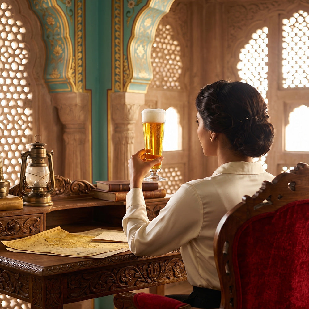 Woman sitting at a desk in an ornate room, holding a glass of beer.