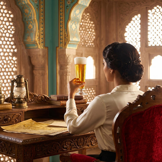 Woman sitting at a desk in an ornate room, holding a glass of beer.