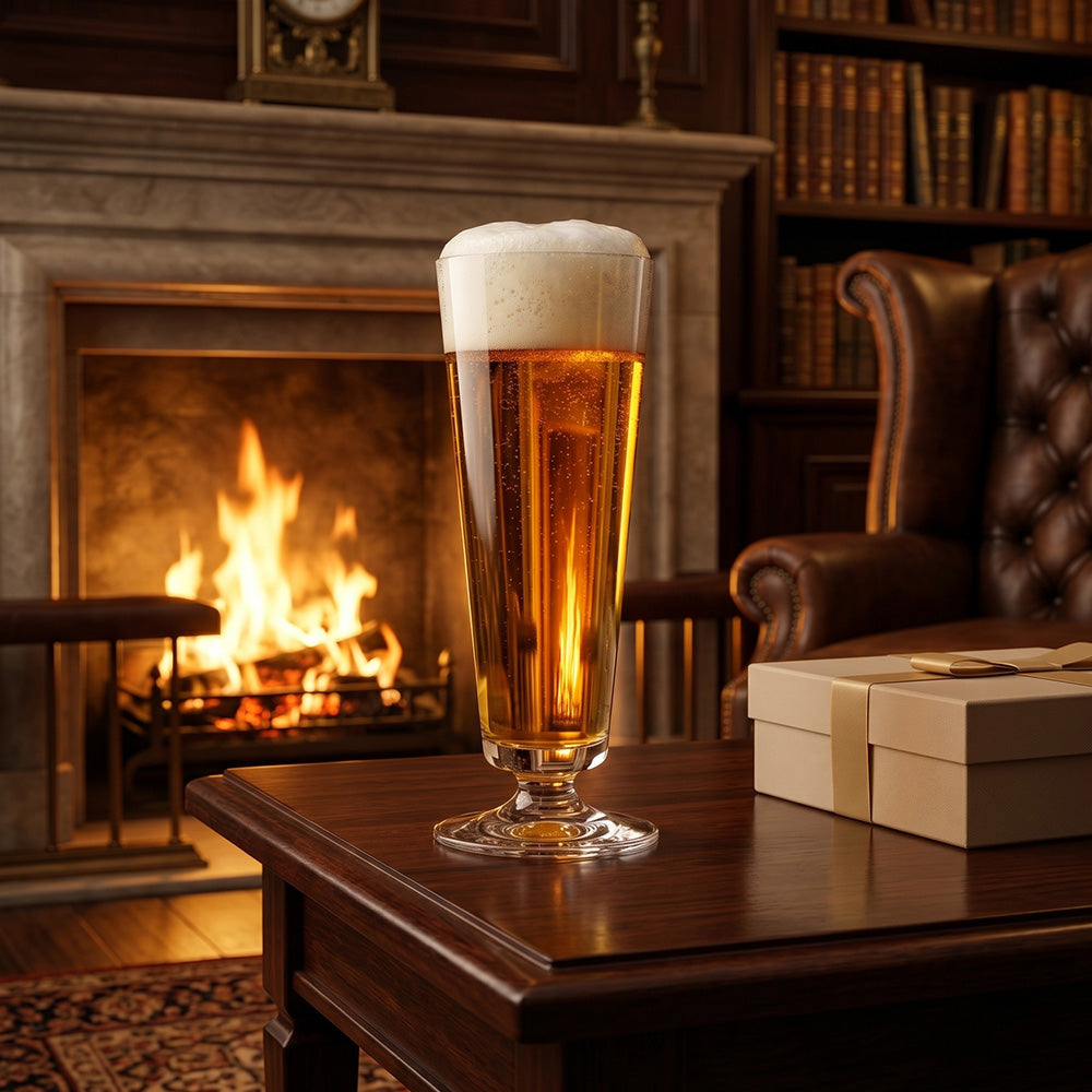 Glass of beer on a wooden table with a fireplace and bookshelf in the background
