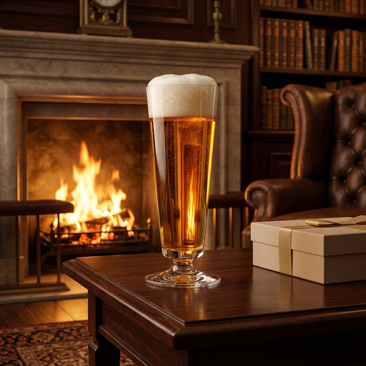 Glass of beer on a wooden table with a fireplace and bookshelf in the background