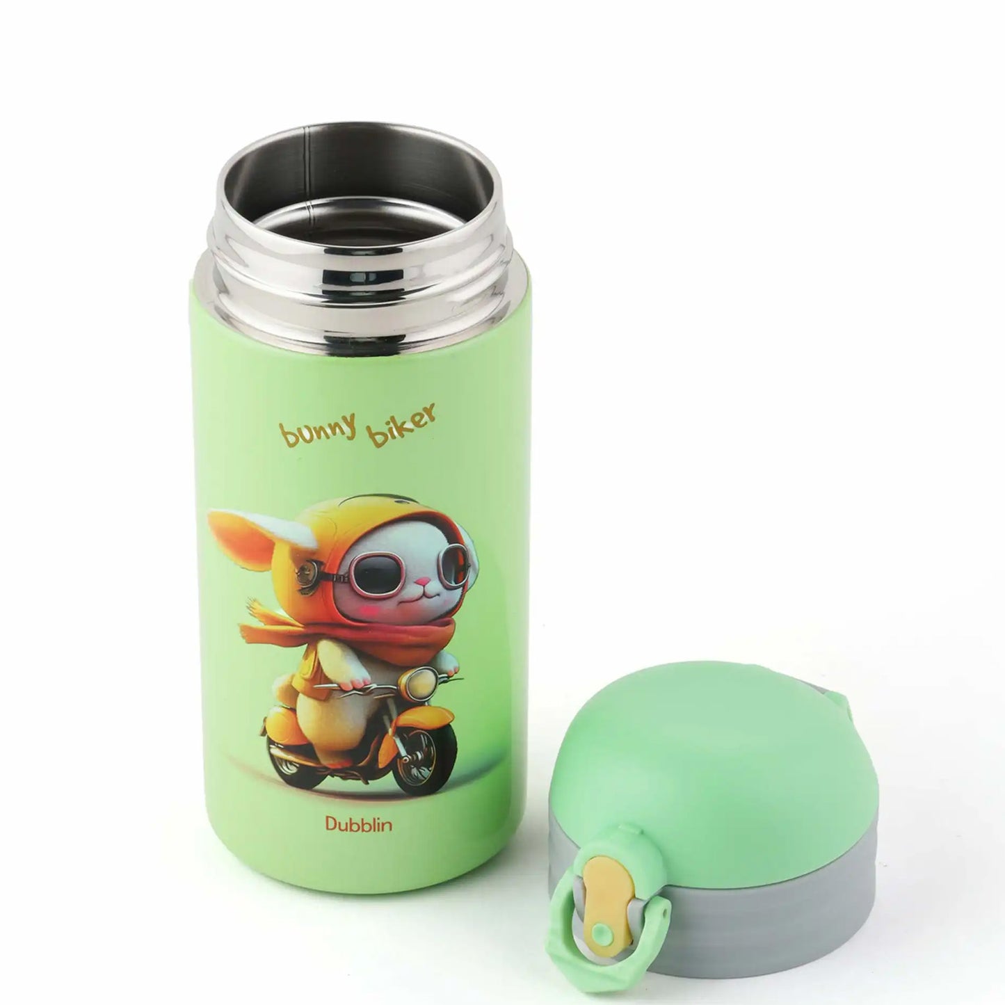 Green thermos bottle with cartoon character on a white background