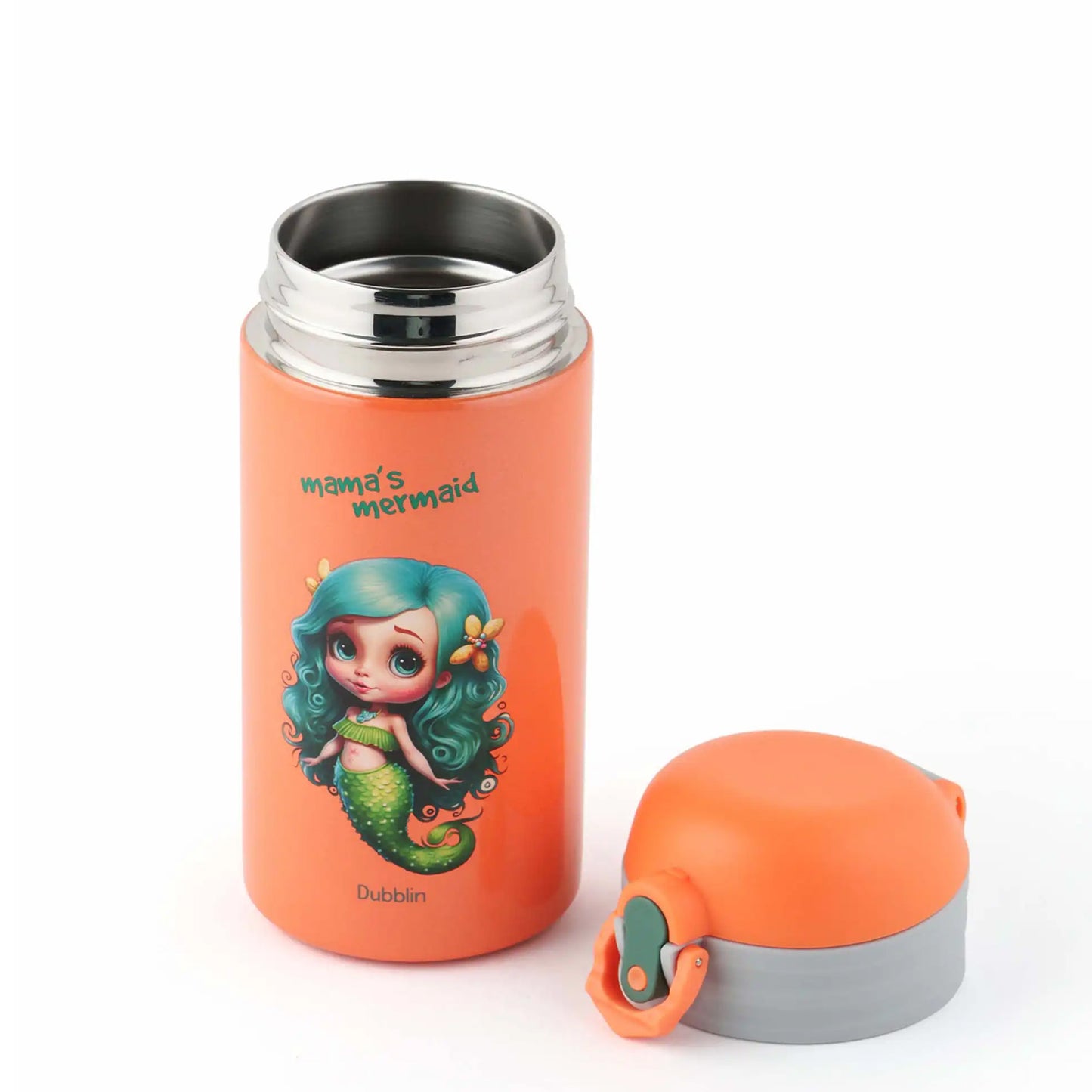 Orange thermos bottle with mermaid design and 'mama's mermaid' text on a white background