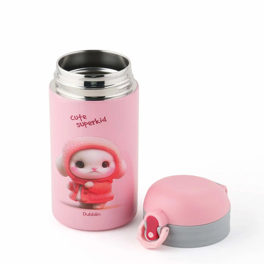 Pink thermos bottle with a cute character design on a white background