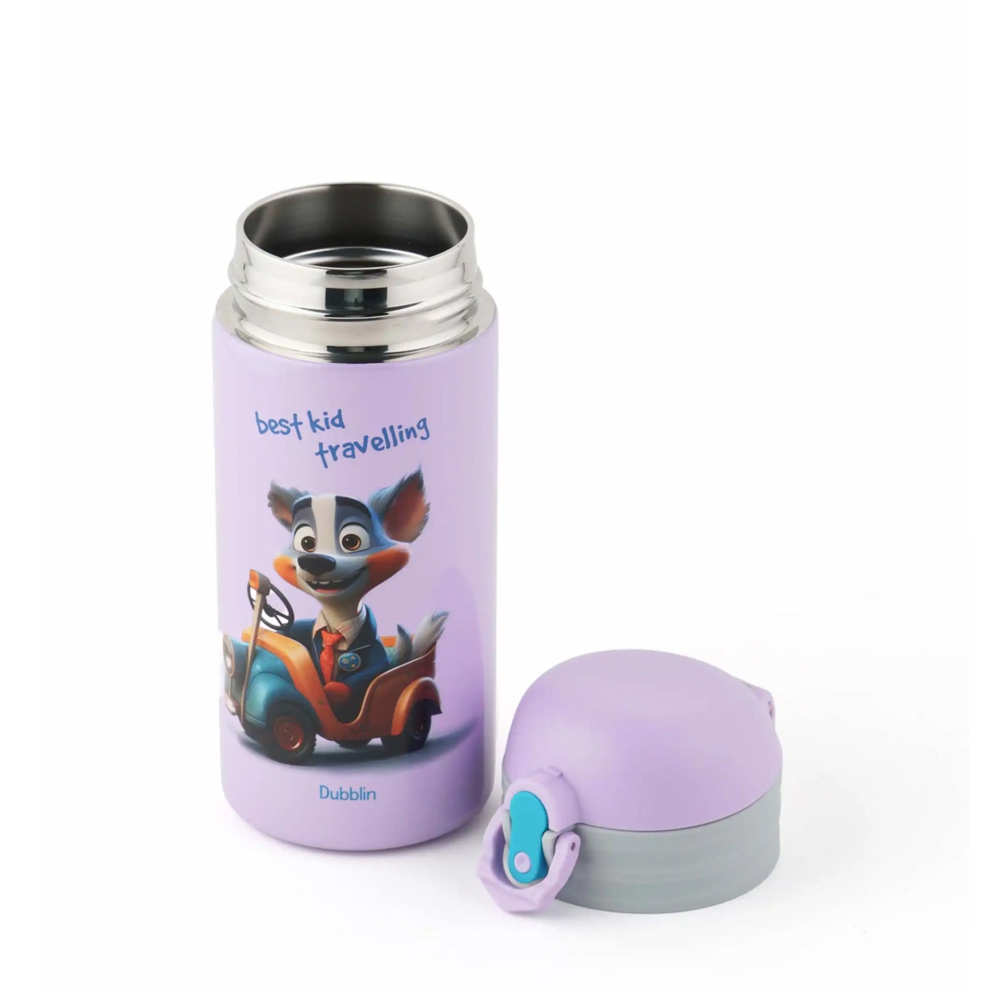 Purple water bottle with cartoon character and text on a white background