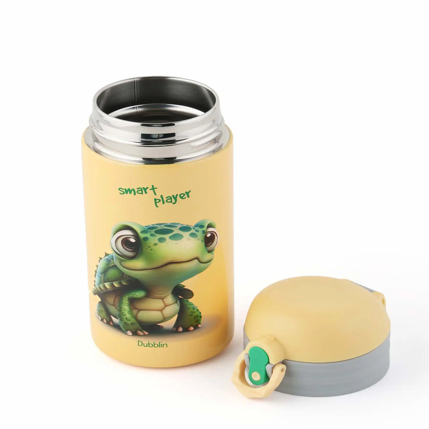 Yellow thermos bottle with a cartoon turtle design on a white background