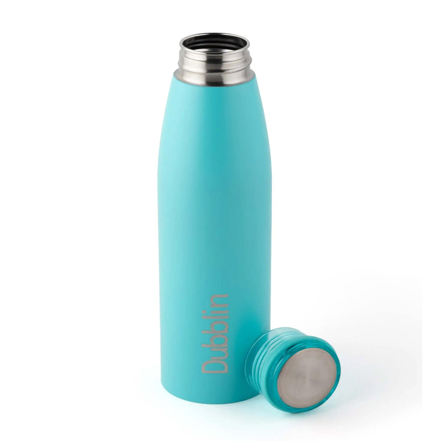 Turquoise water bottle with silver cap on a white background