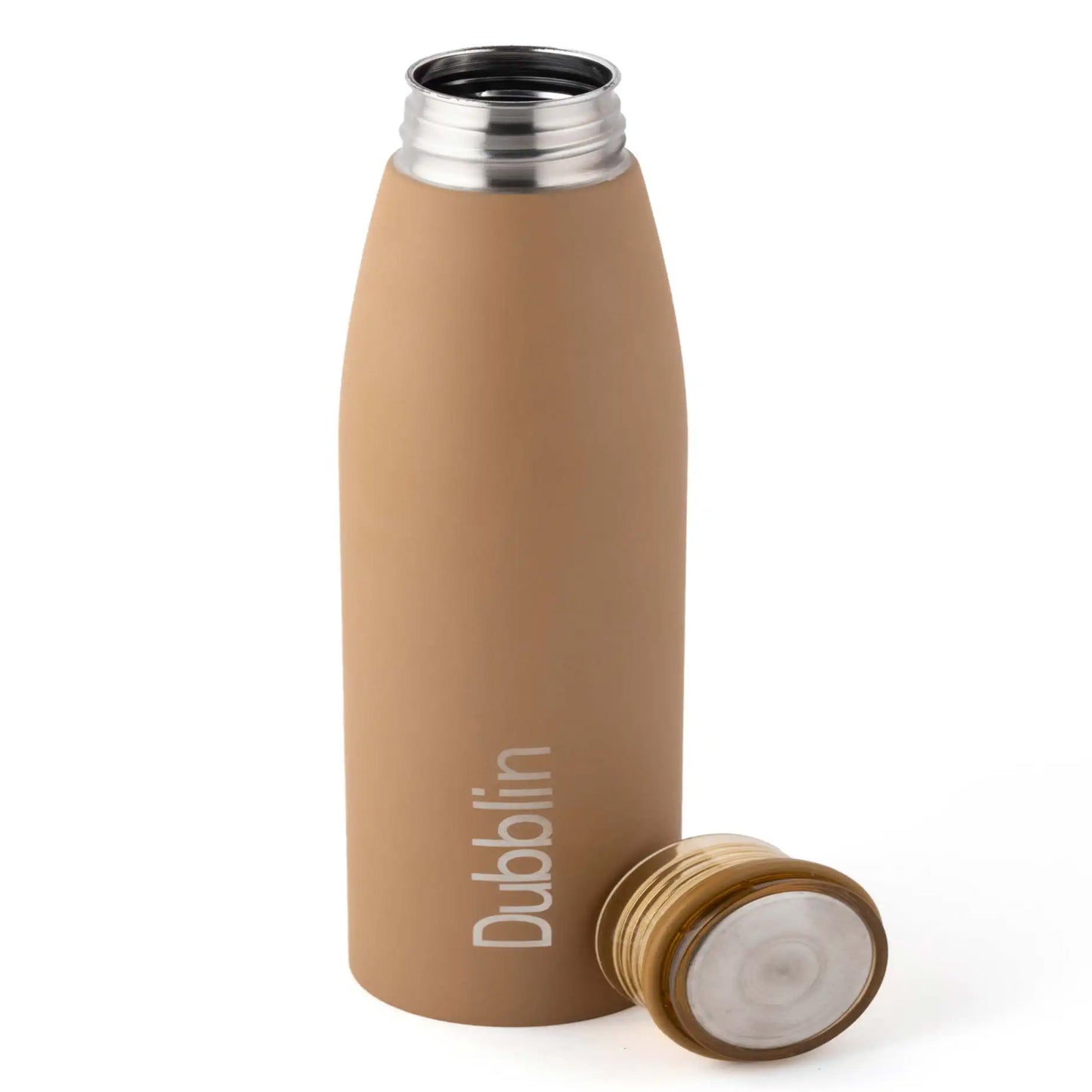 Brown insulated bottle with silver cap and 'Dublin' branding on a white background