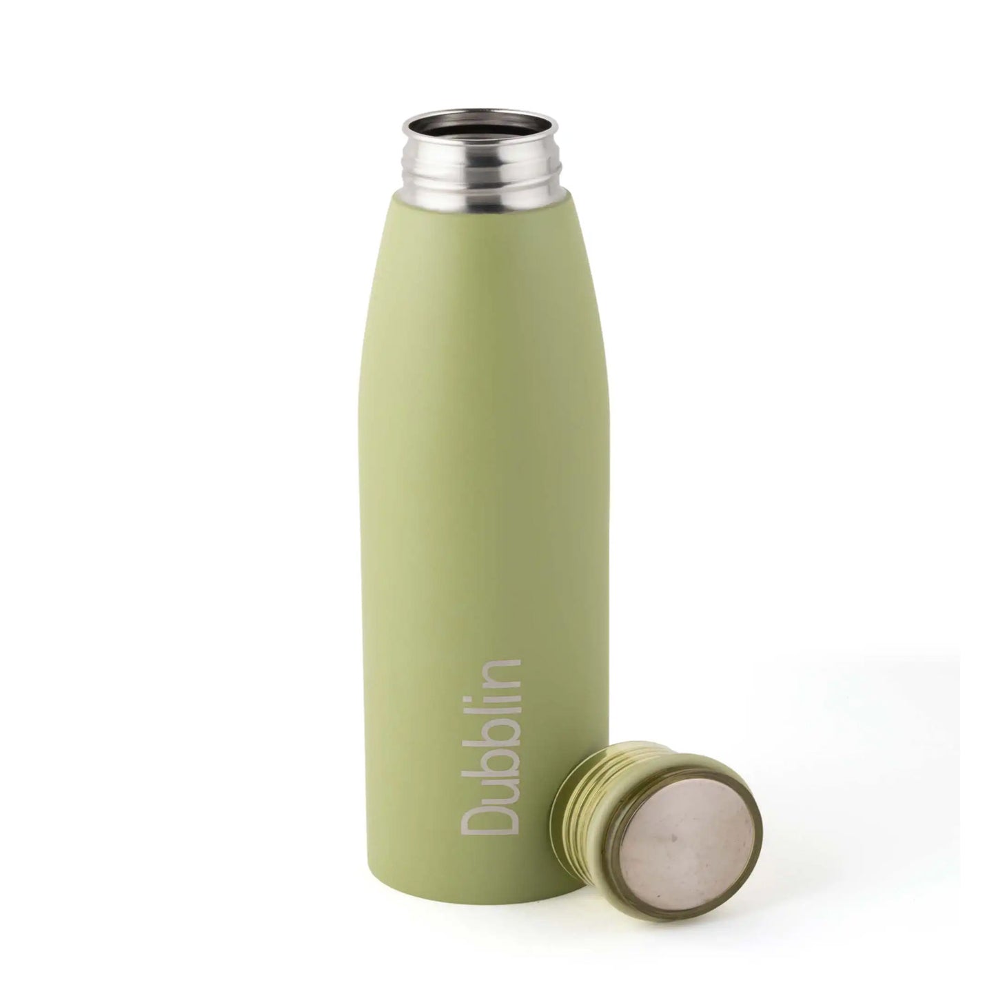 Green insulated bottle with silver cap on a white background