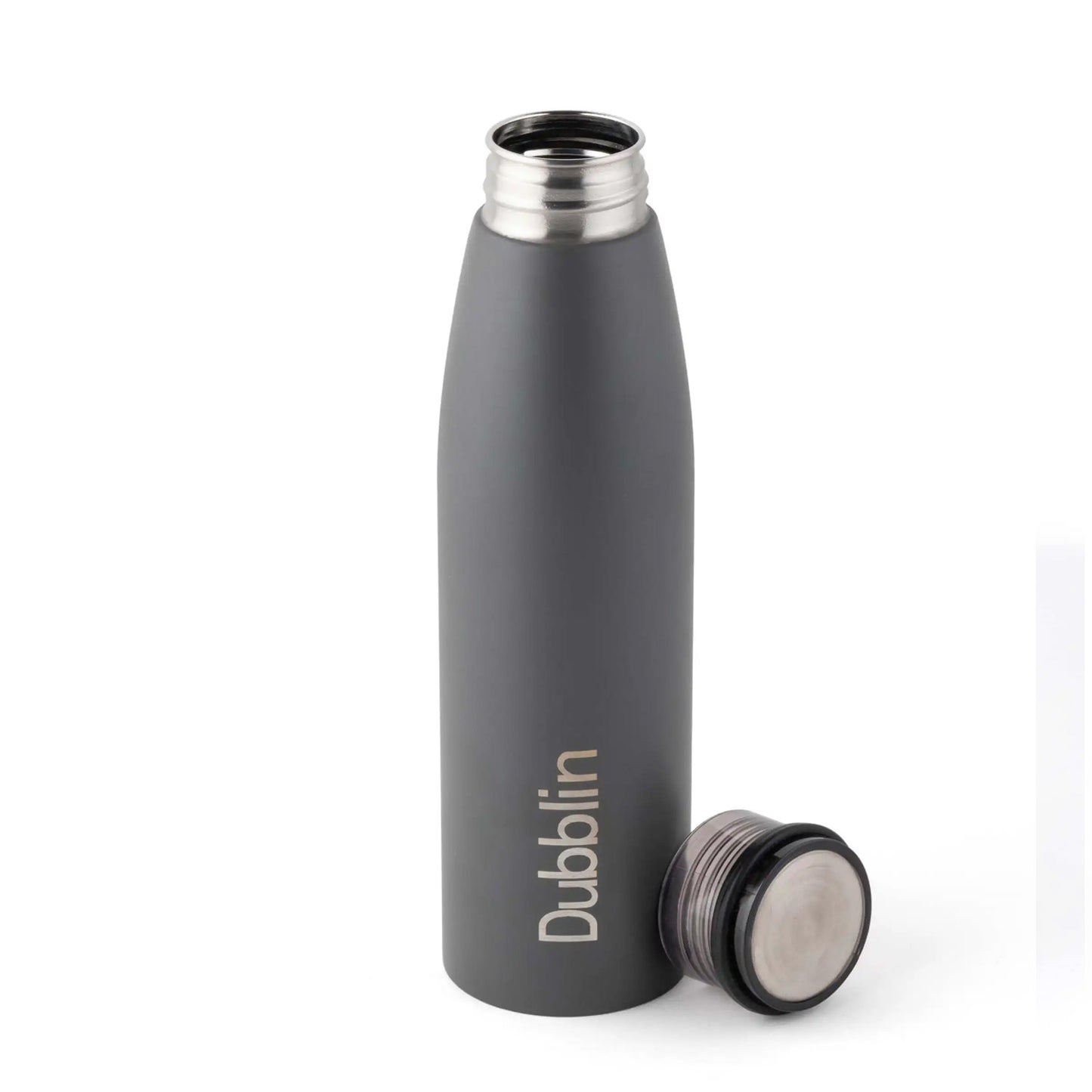 Gray insulated bottle with silver cap on a white background