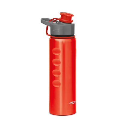 Red water bottle with gray cap on a white background