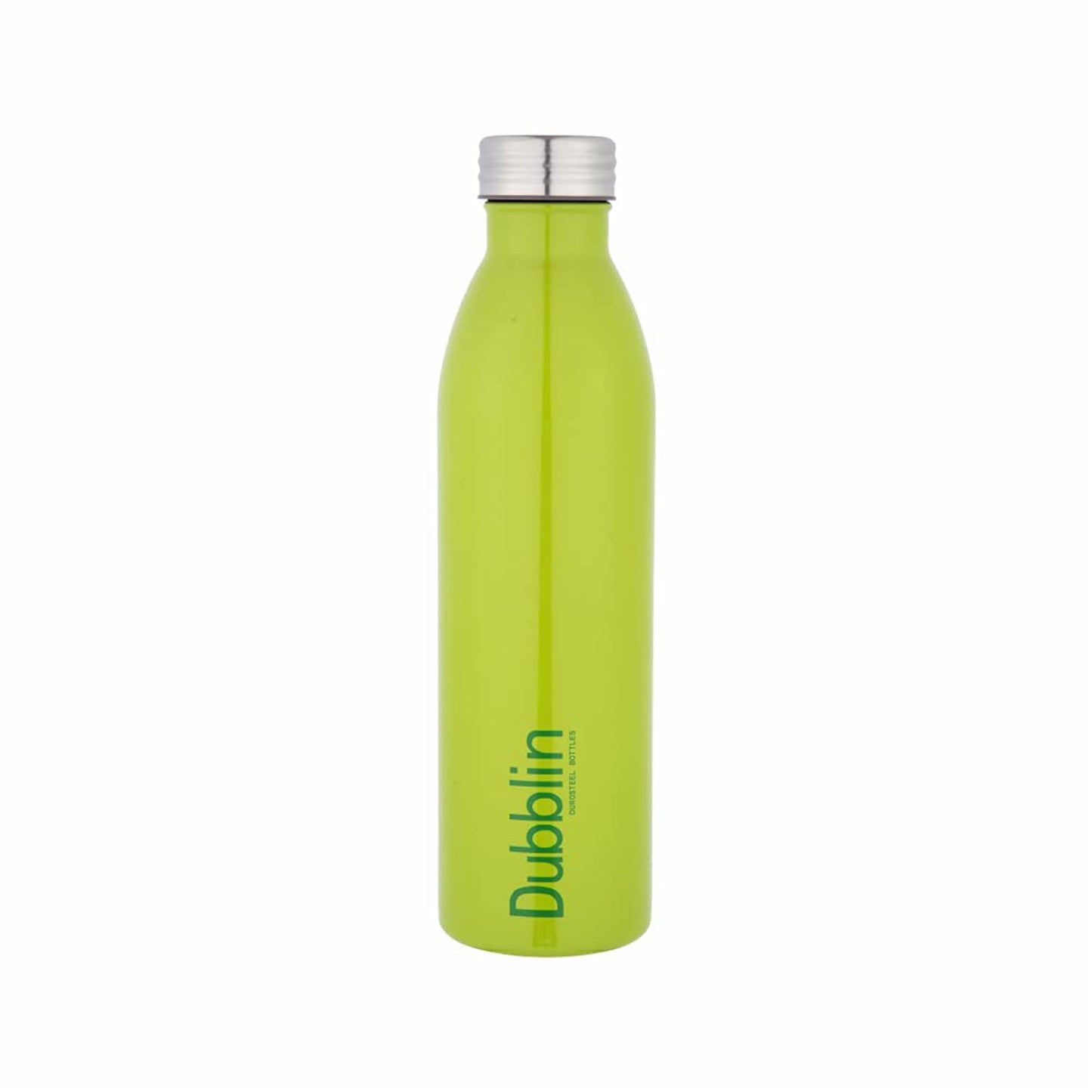 Green water bottle with silver cap on a white background