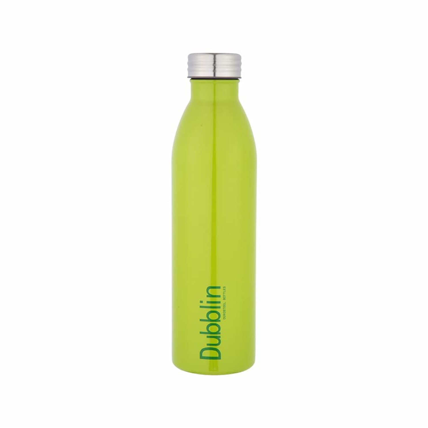 Green water bottle with silver cap on a white background
