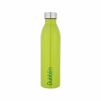 Green water bottle with silver cap on a white background
