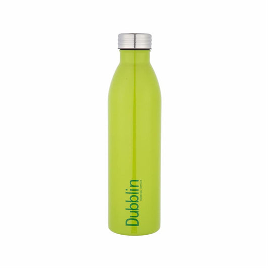 Green water bottle with silver cap on a white background